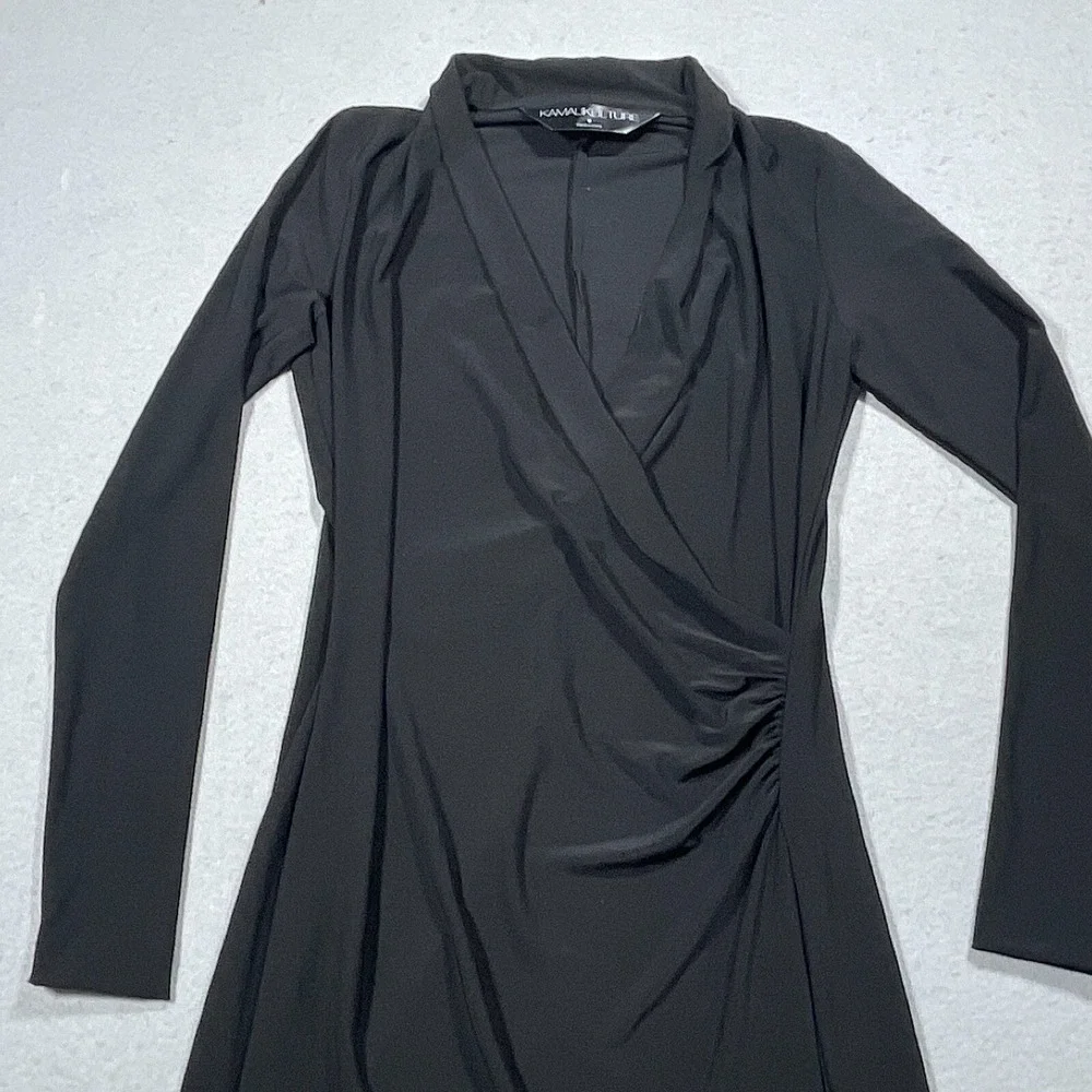 KamaliKulture Dress Women Small Wrap Front Long Sleeve Black Jersey Quiet Luxury